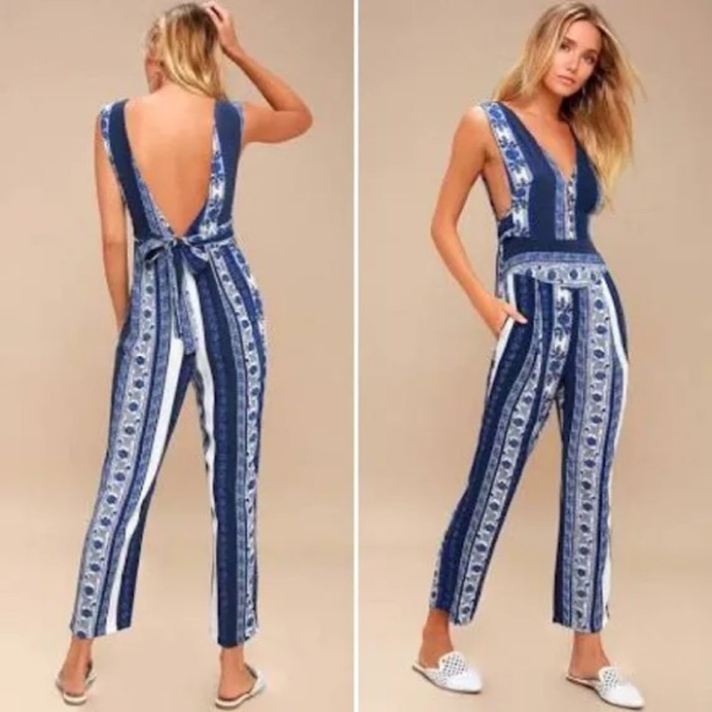 Free People Blue and White Jumpsuit